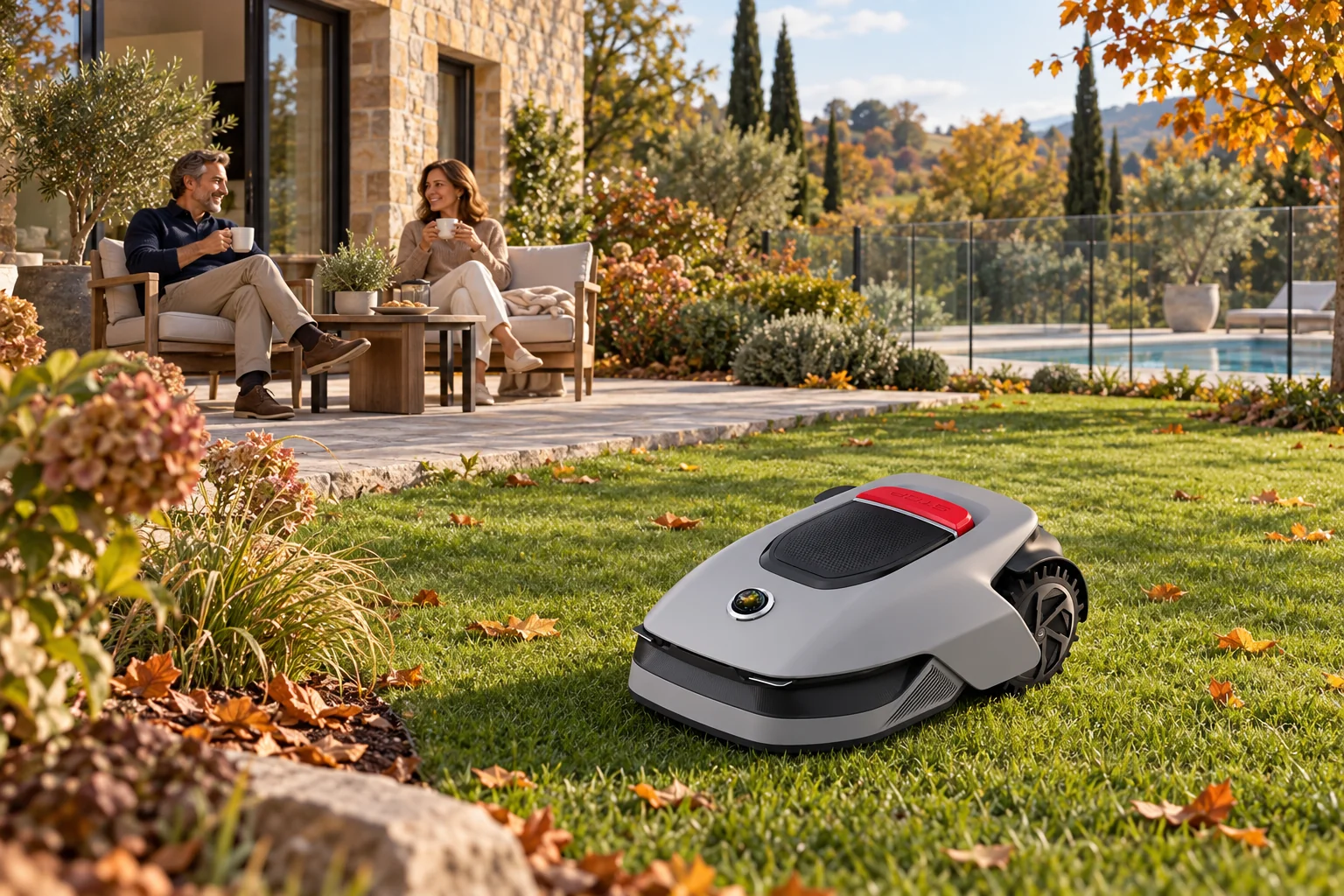 Dreame A1 Pro dans un jardin d’automne, avec deux adultes sur une terrasse