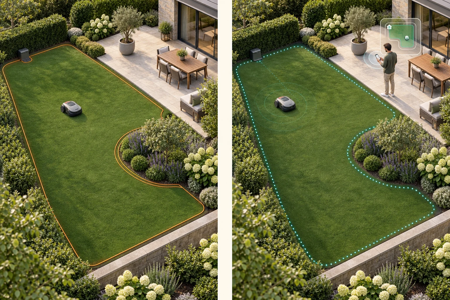 Two gardens in perspective: boundary wire on the left, a virtual boundary on the right.