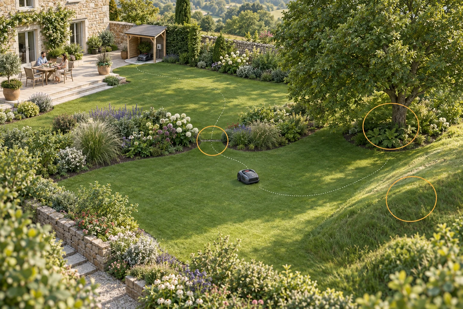 Garden overview highlighting a passage between lawn areas, a slope and an area beneath a tree.