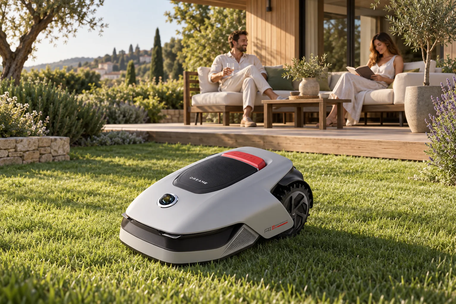 Robot Dreame A1 Pro sur une pelouse, deux adultes se détendent sur une terrasse.