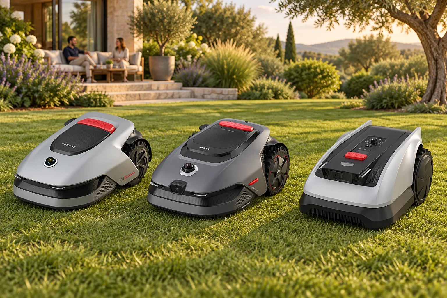Drei Mähroboter von Dreame, MOVA und ECOVACS nebeneinander auf dem Rasen vor einer Terrasse.